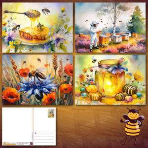 Set ansichtkaarten met 4 stuks themakaarten met erop bijen en honing kopen. Deze prachtige kaartenset met aquarellen van een imker tussen de bijenkasten of andere prachtige bijen en honig stillevens zijn extra goedkoop.