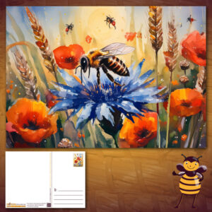 Op deze prachtige ansichtkaart van een korenveld met klaprozen en korenbloemen zie je de bijen honing verzamelen. Unieke wenskaart van de Werkbij.