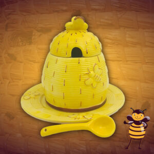 op deze foto staat een gele Gele Honingpot Met Bijen En Lepel